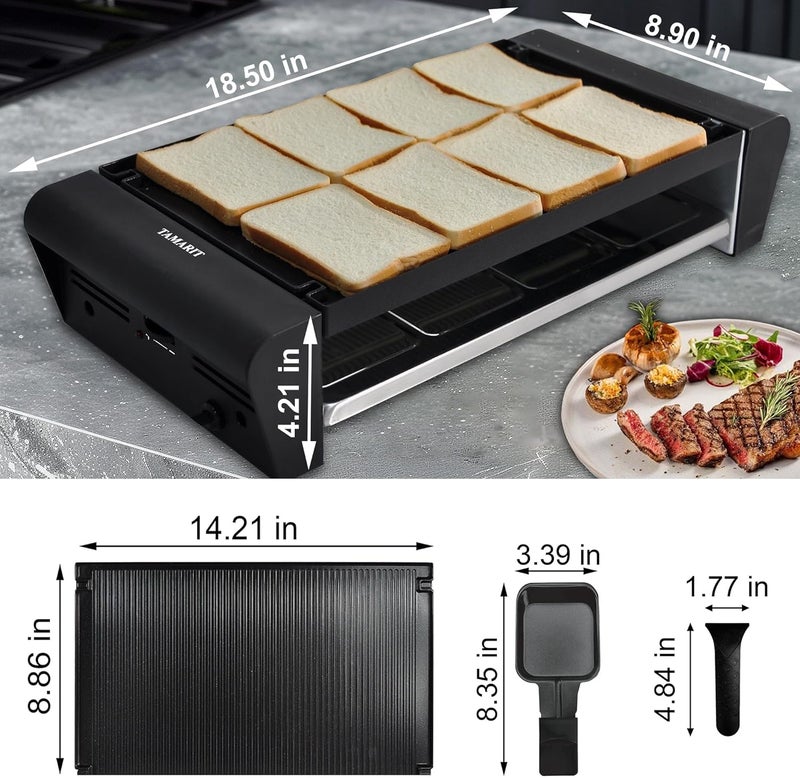 Tamarit Raclette Table Grill for 8, 2 in 1 Small Swiss Style PFAS-No Nonstick Reversible Grill/Griddle Plate Adjustable Temperature Control 1300 W, 8 Raclette Cheese Pans Black - Image 2